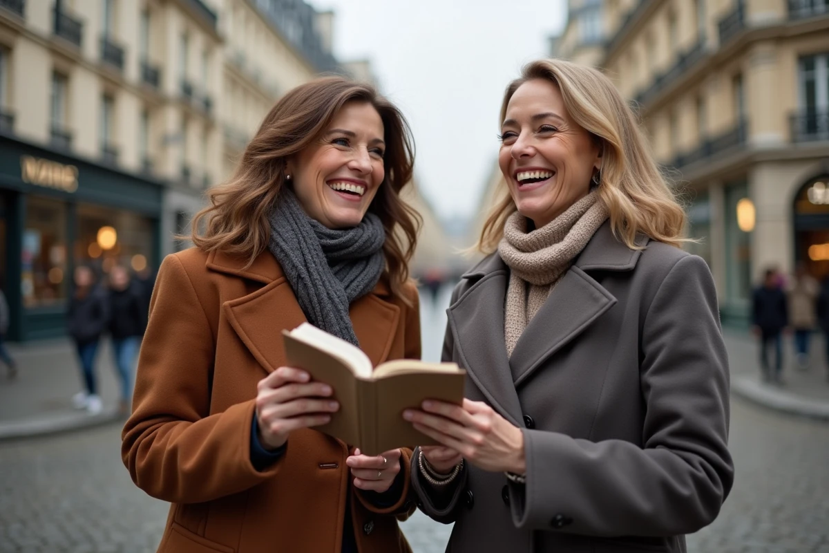 Deux femmes consultant ensemble un guide de grammaire française dans une rue parisienne