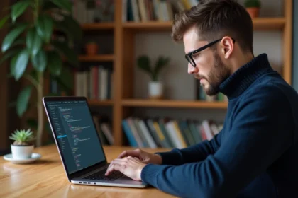 Jeune homme en sweater bleu code HTML sur son ordinateur