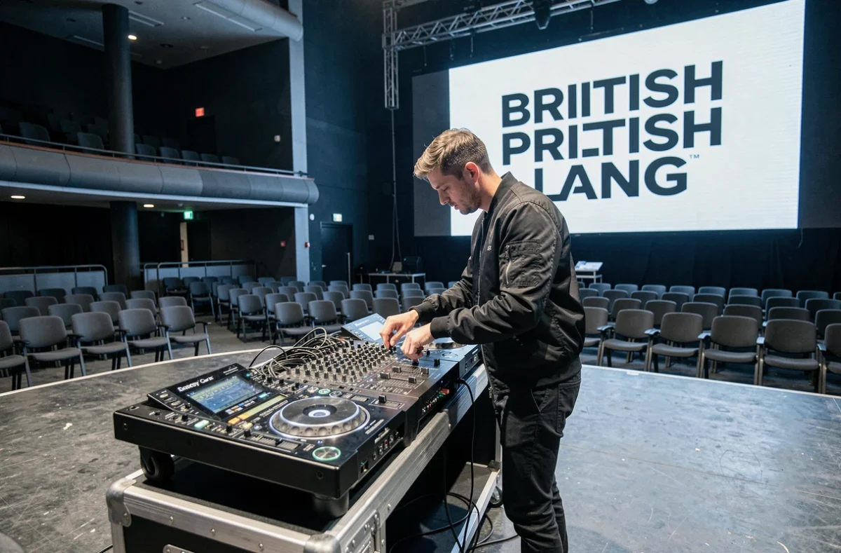 DJ masculin réglant sa table de mixage dans une salle de concert française avant un concert d'un groupe britannique