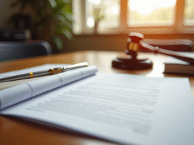 Document juridique ouvert sur un bureau en bois poli