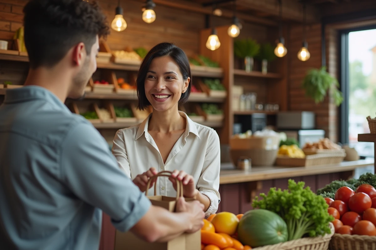 Femme hispanique souriante donnant un sac au marché