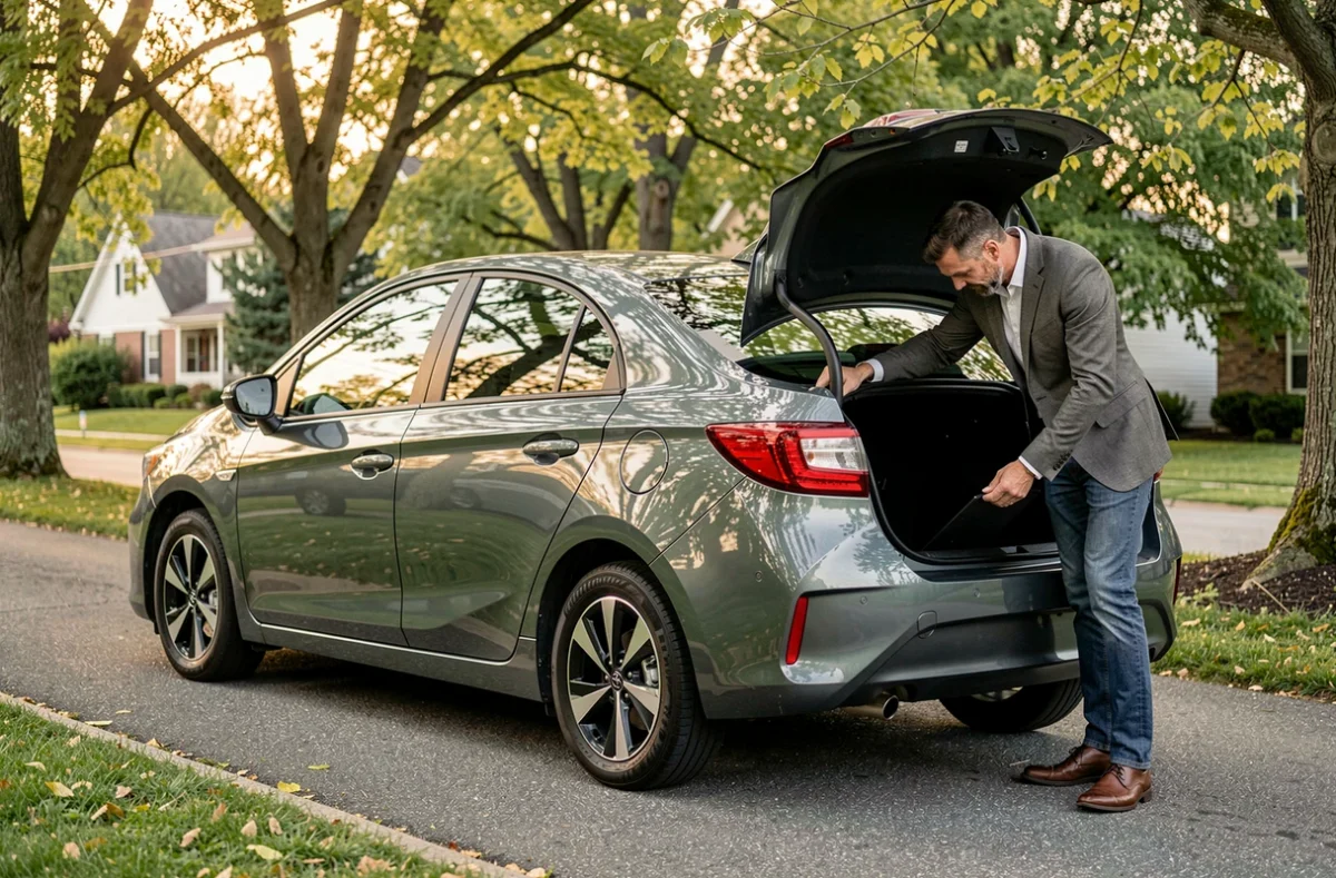 Chauffeur Eco VTC avec un véhicule hybride écologique dans un cadre verdoyant