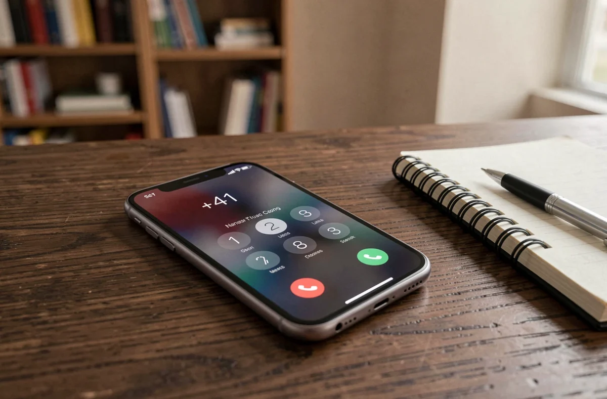 Gros plan sur un écran de smartphone affichant un appel entrant avec le numéro commençant par +41 indicatif Suisse