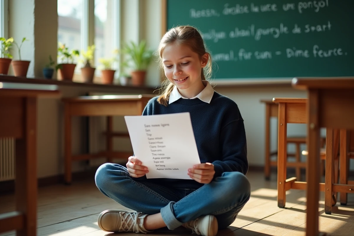 Adolescente lisant un poème à rime en oi dans une salle de classe française traditionnelle avec tableau noir et exemples de rimes écrits à la craie