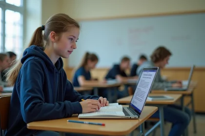 Élève consultant Wikipédia sur un ordinateur portable en classe pour un devoir scolaire