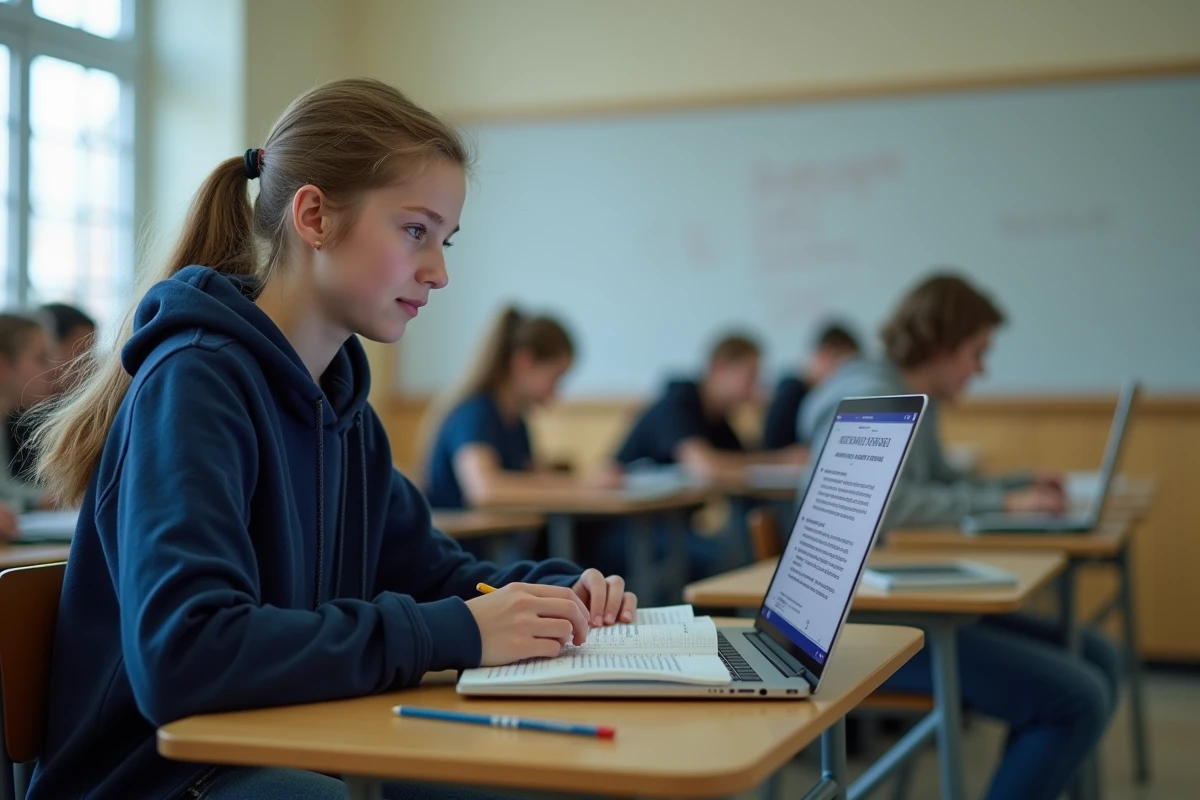 Élève consultant Wikipédia sur un ordinateur portable en classe pour un devoir scolaire