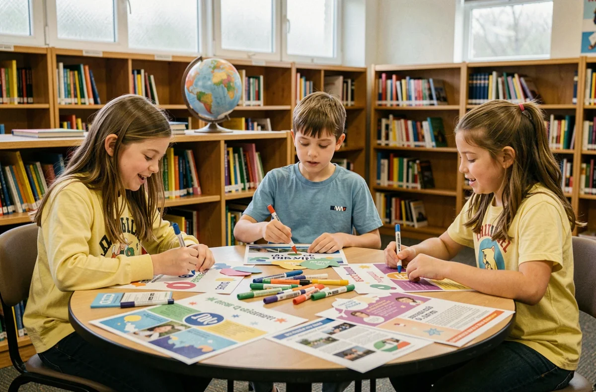 Groupe d'élèves d'école primaire créant des affiches sur les journées mondiales dans une bibliothèque scolaire
