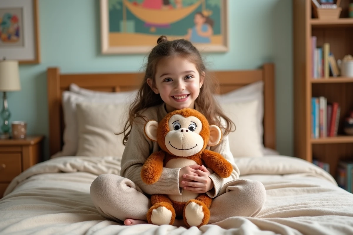 Jeune fille souriante avec peluche Abu dans sa chambre