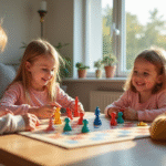 Groupe d'enfants jouant à des jeux de société dans un salon lumineux