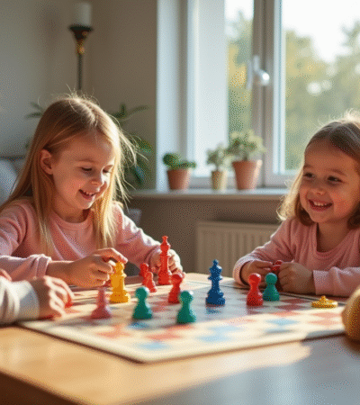 Groupe d'enfants jouant à des jeux de société dans un salon lumineux