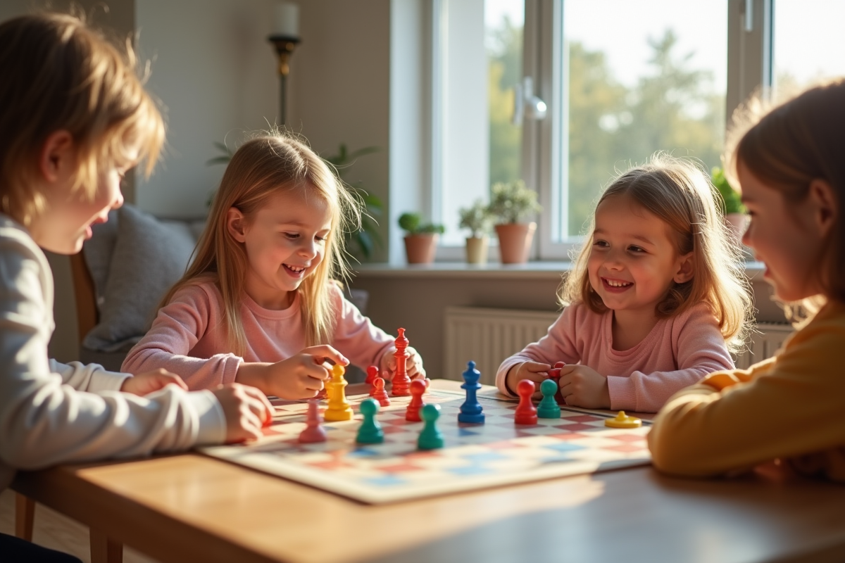 Groupe d'enfants jouant à des jeux de société dans un salon lumineux