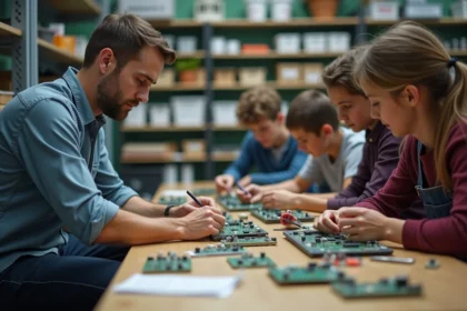 Professeur enseignant à des adolescents en atelier électronique