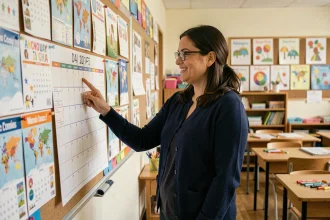Enseignante pointant un calendrier des journées mondiales dans une salle de classe colorée et organisée