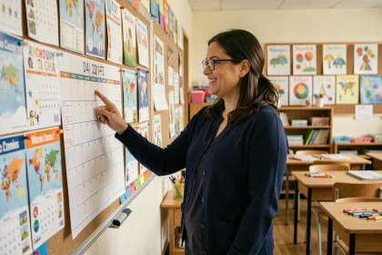 Enseignante pointant un calendrier des journées mondiales dans une salle de classe colorée et organisée