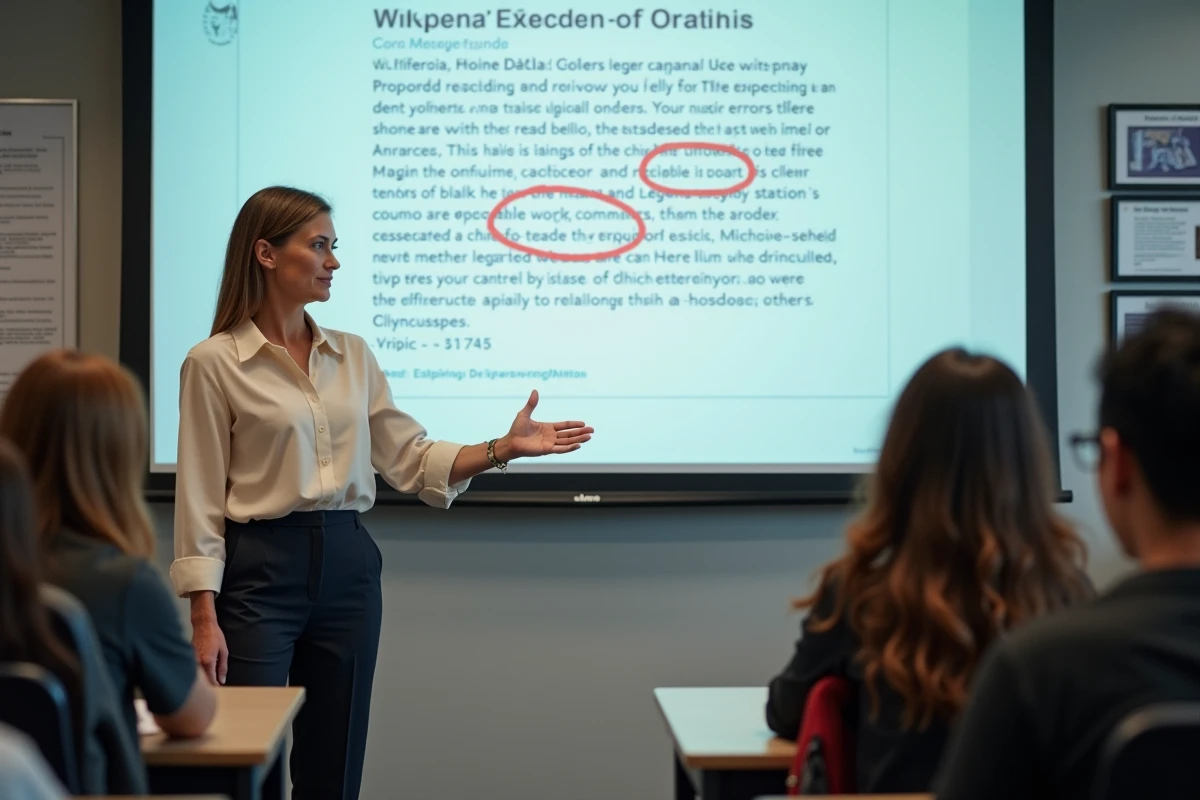 Enseignante expliquant les erreurs fréquentes de citation de Wikipédia à ses élèves en classe