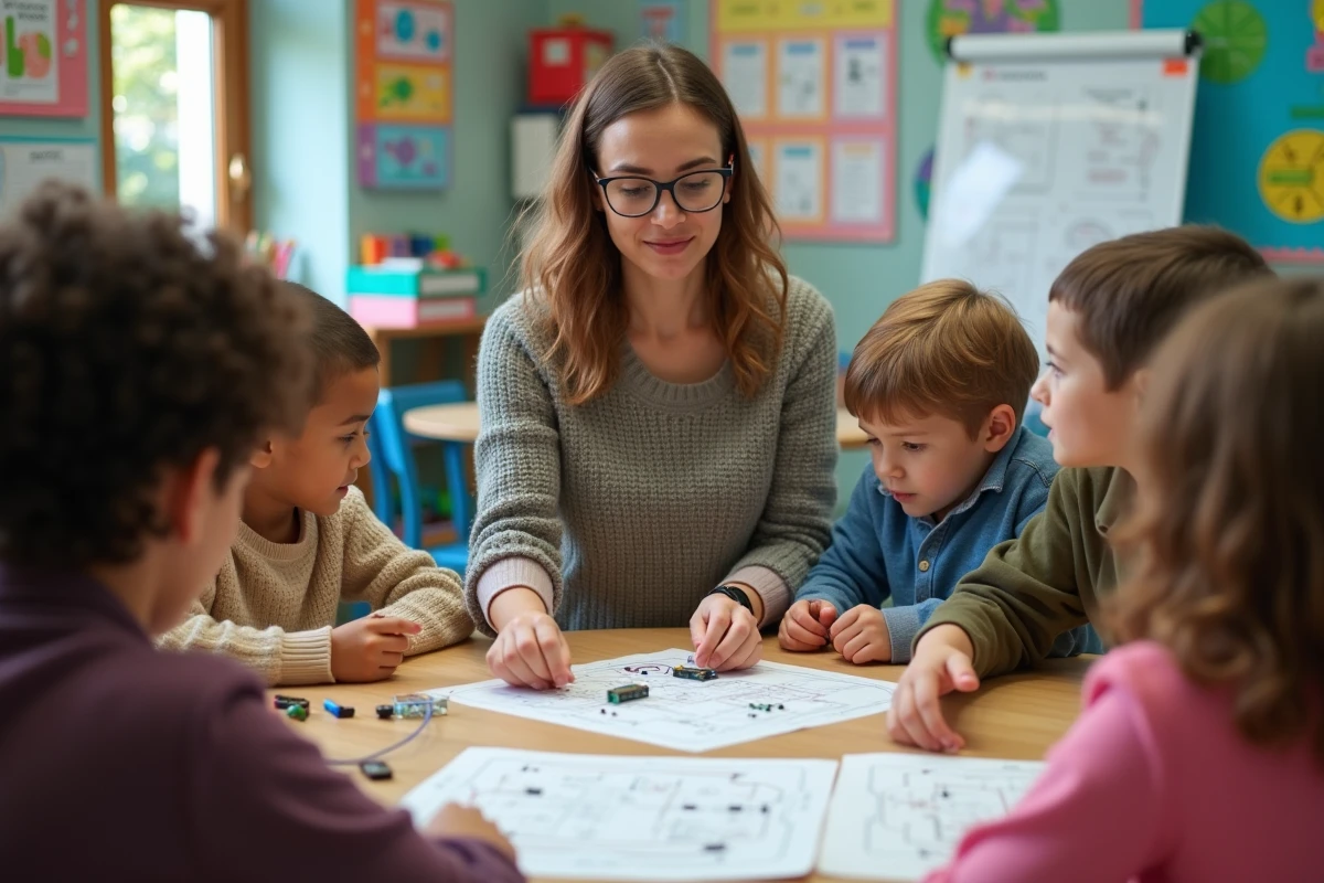 Jeune femme montrant un kit électronique à des enfants en classe