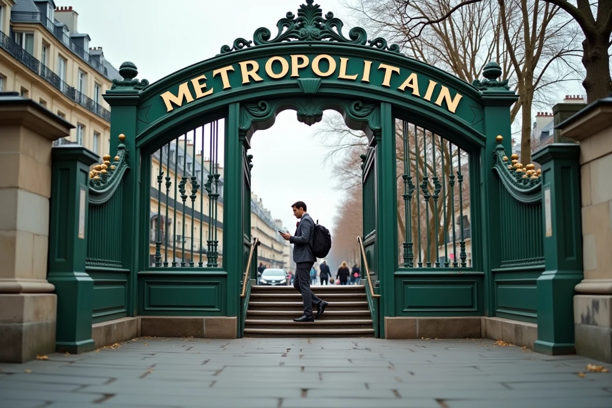 Entrée de station de métro parisienne style Art Nouveau avec voyageur en costume partant vers l'aéroport