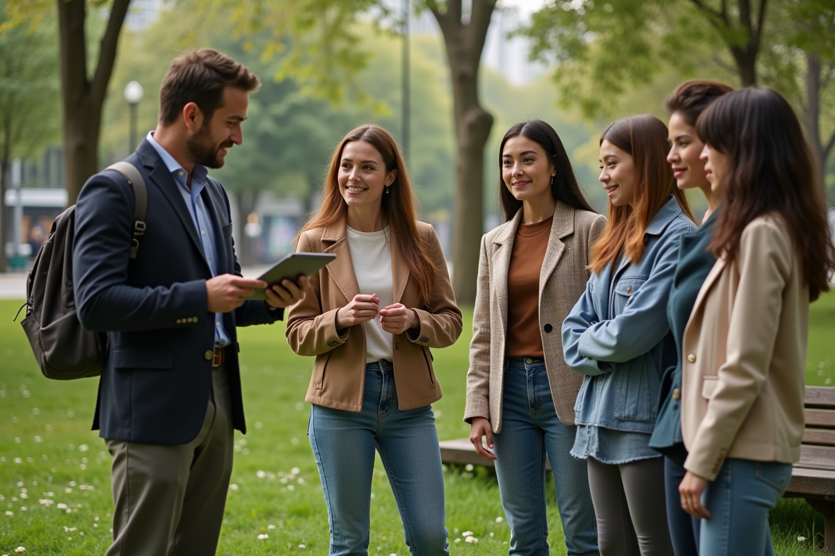 Groupe de modèles en extérieur dans un parc urbain