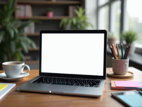 Espace de travail moderne avec ordinateur et outils créatifs