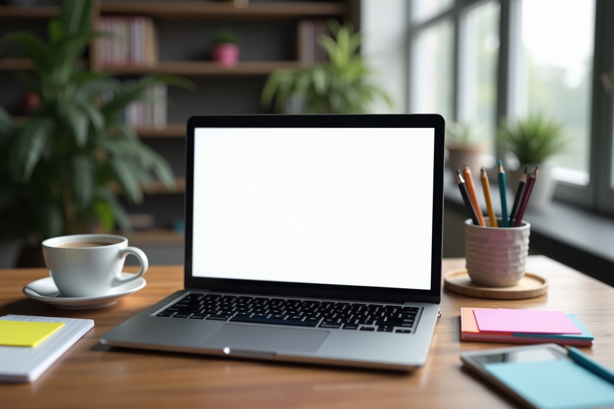 Espace de travail moderne avec ordinateur et outils créatifs