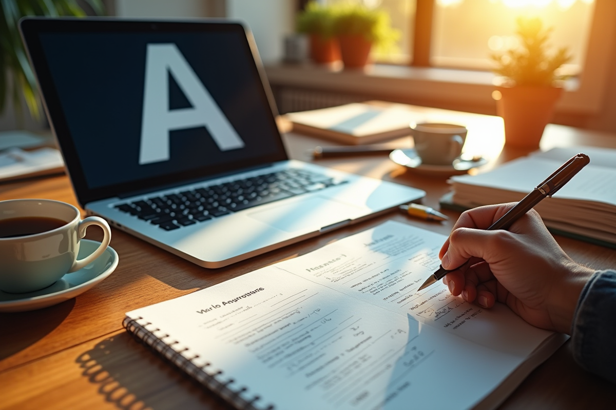 Espace de travail créatif avec ordinateur et carnet de notes
