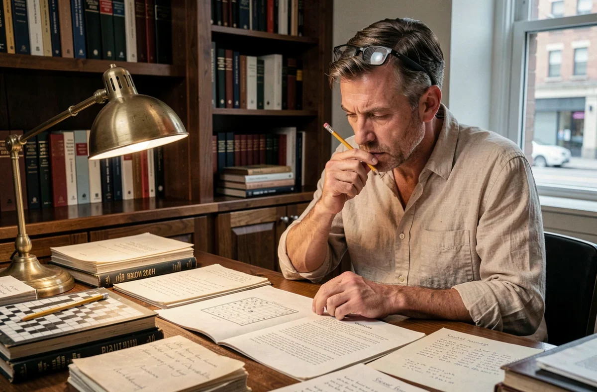 Homme avec lunettes analysant une grille de lettres et des notes manuscrites pour trouver des mots complexes