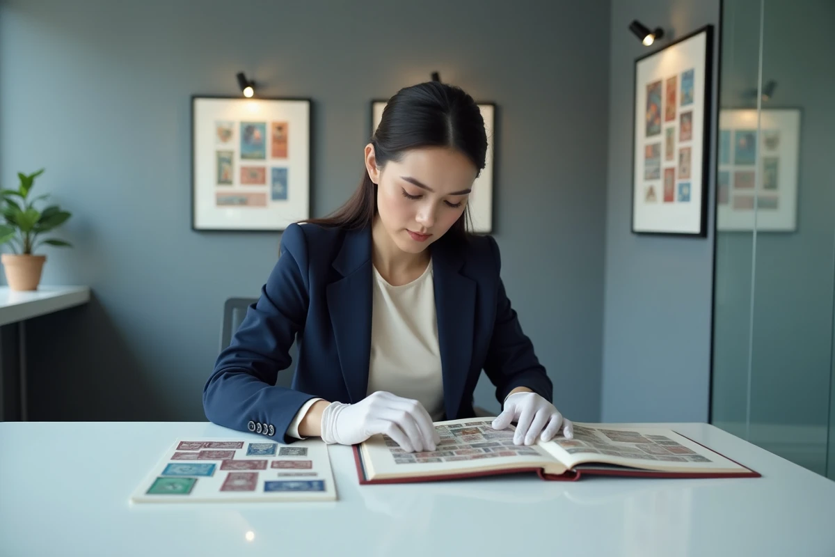 Experte en philatélie classant des timbres rares dans un album d'archives dans un bureau d'expertise moderne