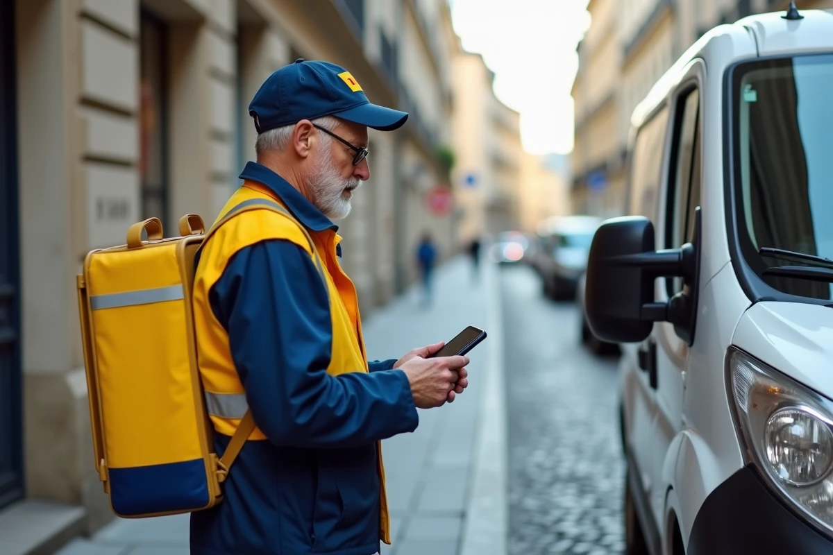 Facteur La Poste en uniforme scannant un colis devant son véhicule de livraison dans une rue française