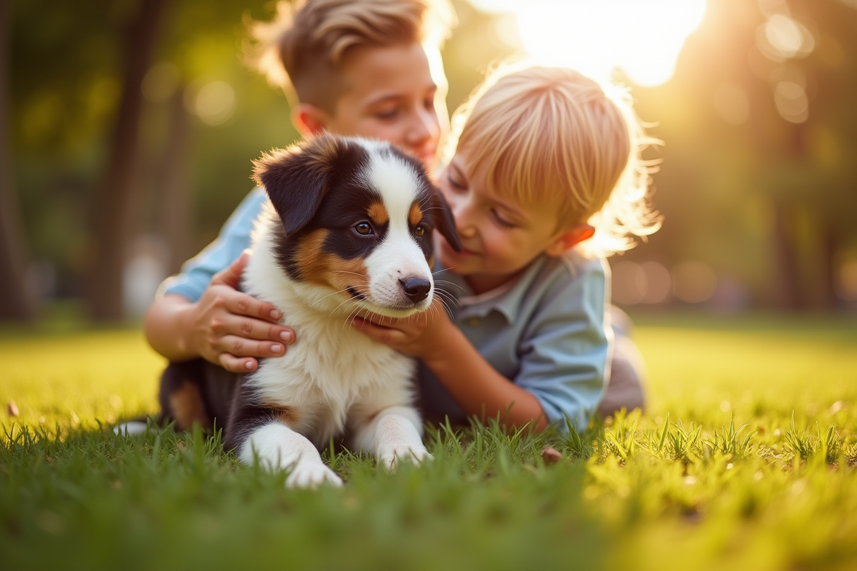 Famille tenant un chiot Australian Shepherd en extérieur