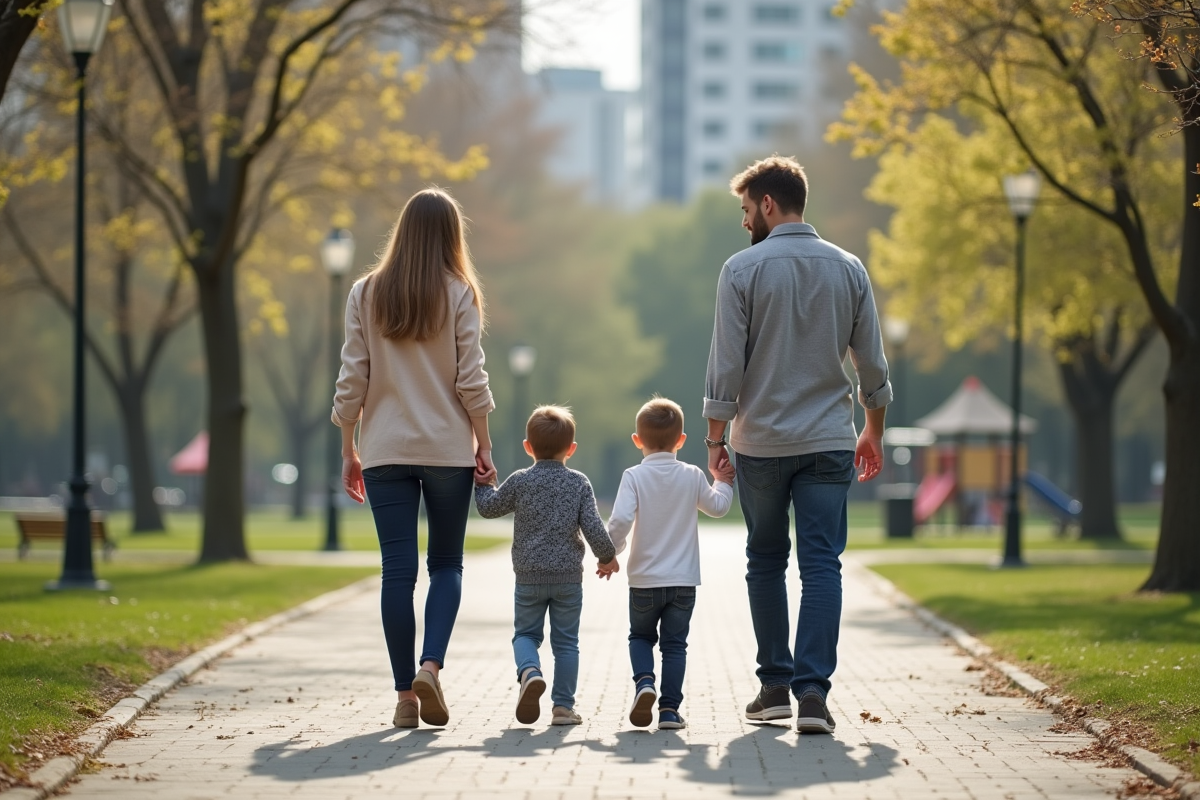 Famille marchant main dans la main dans un parc urbain