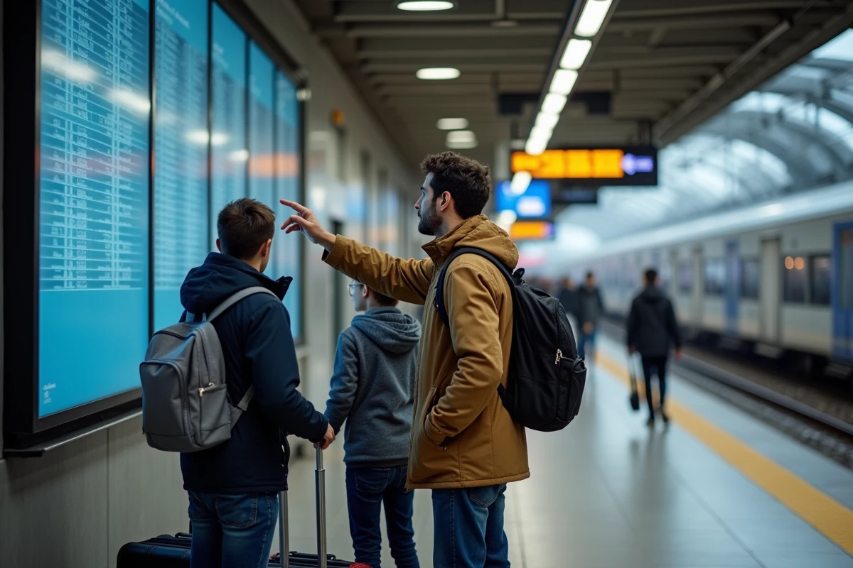 Famille avec valises en gare française prête à partir en voyage pendant un jour férié 2026