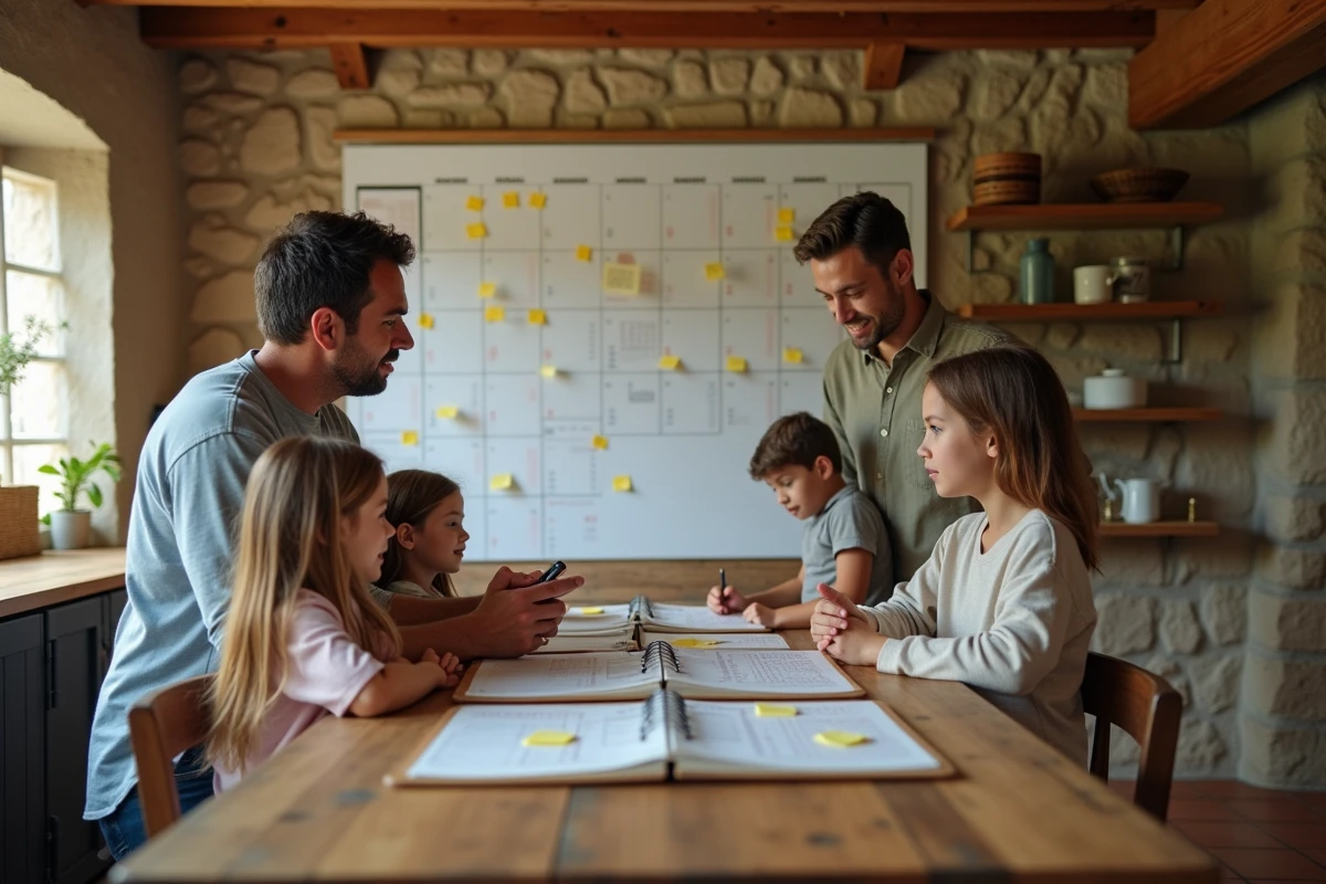 Famille réunie autour d'un calendrier 2026 pour planifier les jours fériés et les vacances scolaires