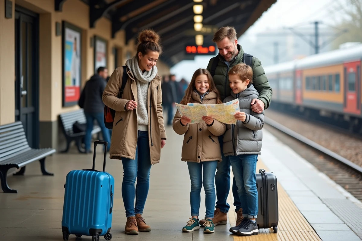 Famille heureuse vérifie billets et plan à la gare