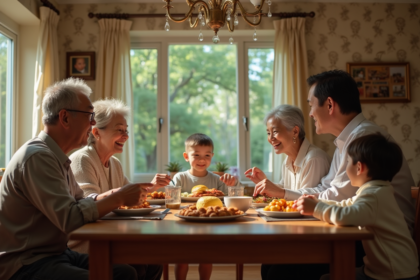 Famille réunie autour d'une table de repas chaleureuse