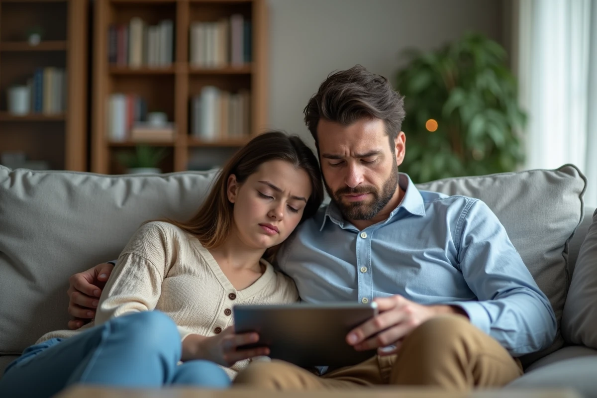 Deux proches en famille consultant une tablette ensemble pour gérer les formalités après un décès