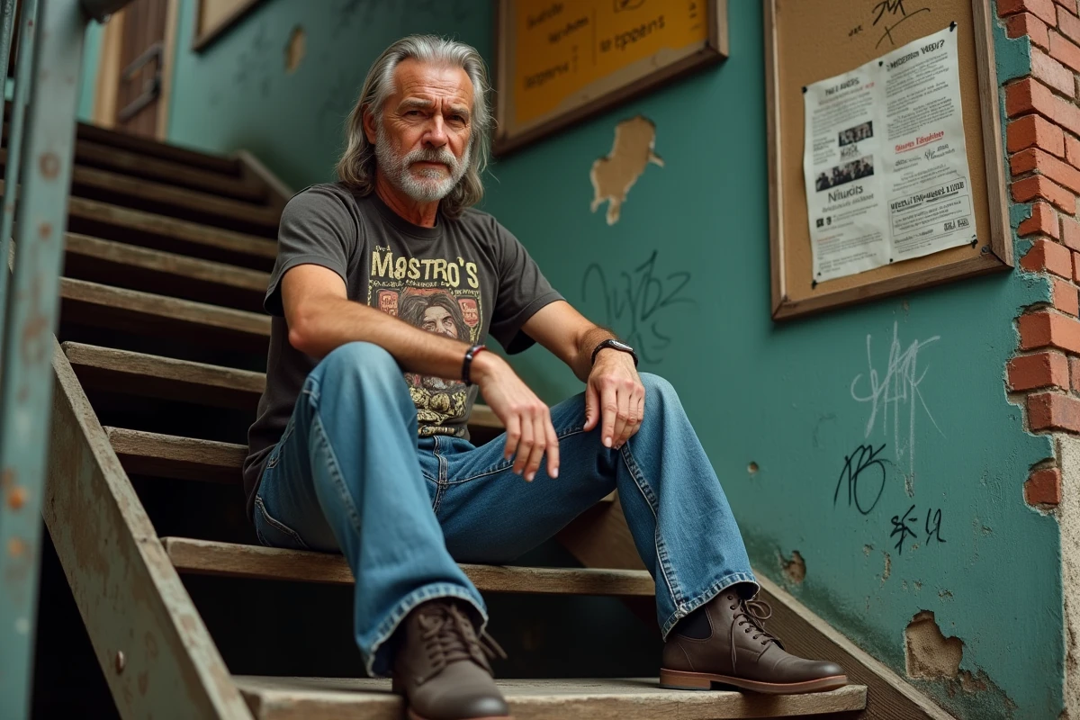 Homme aux cheveux argentés portant un t-shirt de concert vintage assis en coulisses d'une salle de spectacle