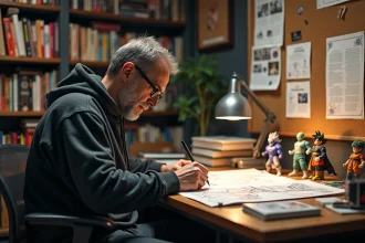 Fan passionné de Dragon Ball Super dessinant des théories sur le niveau de puissance de Hit dans un studio manga
