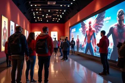 Des fans adultes devant des affiches promotionnelles Spider-Man et Avengers dans le hall d'un cinéma pour 2026