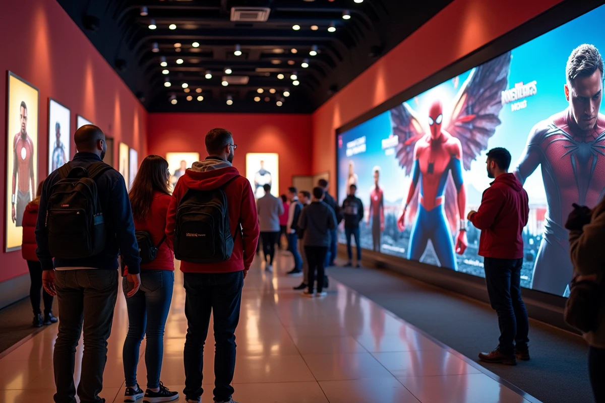 Des fans adultes devant des affiches promotionnelles Spider-Man et Avengers dans le hall d'un cinéma pour 2026