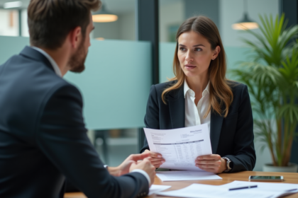 Femme d'affaires expliquant un devis à un client dans un bureau moderne