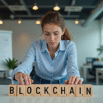 Jeune femme arrangeant des blocs blockchain au bureau