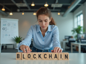 Jeune femme arrangeant des blocs blockchain au bureau
