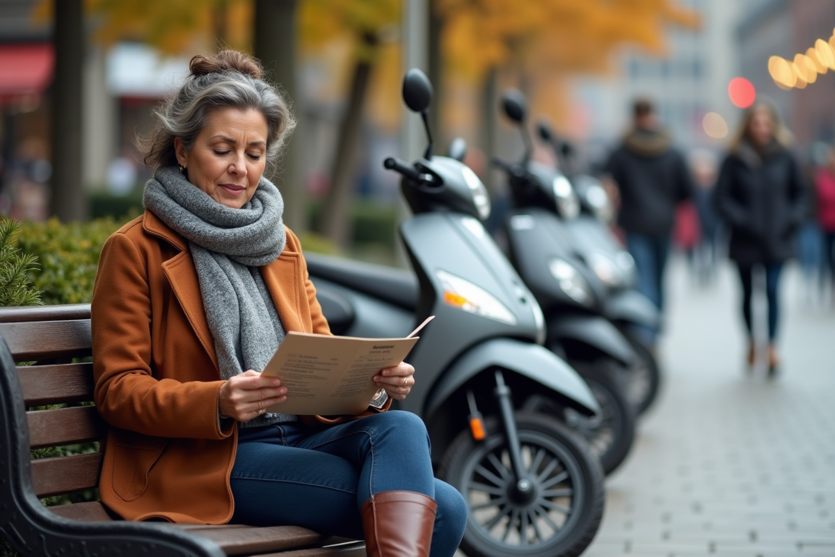 Femme consulte brochure de scooters en ville