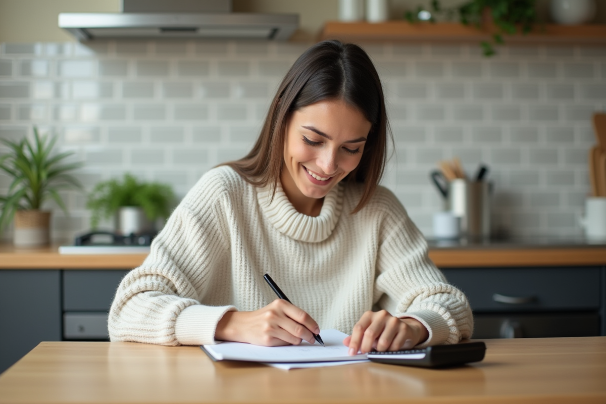 Jeune femme planifiant son budget à la maison