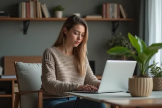 Jeune femme au bureau à domicile utilisant un ordinateur
