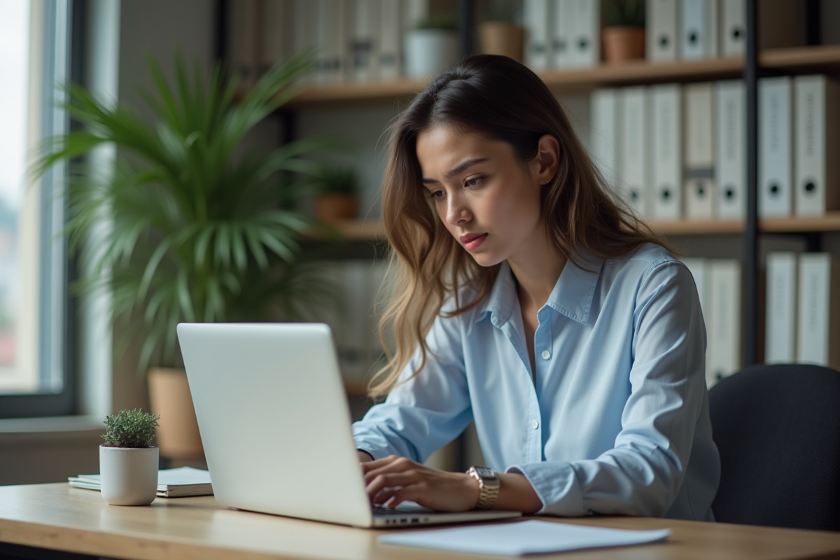Jeune femme au bureau regarde son ordinateur inquiète