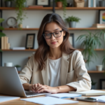 Jeune femme concentrée travaillant sur son ordinateur dans un bureau moderne