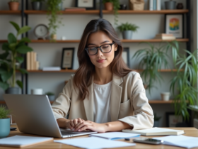 Jeune femme concentrée travaillant sur son ordinateur dans un bureau moderne