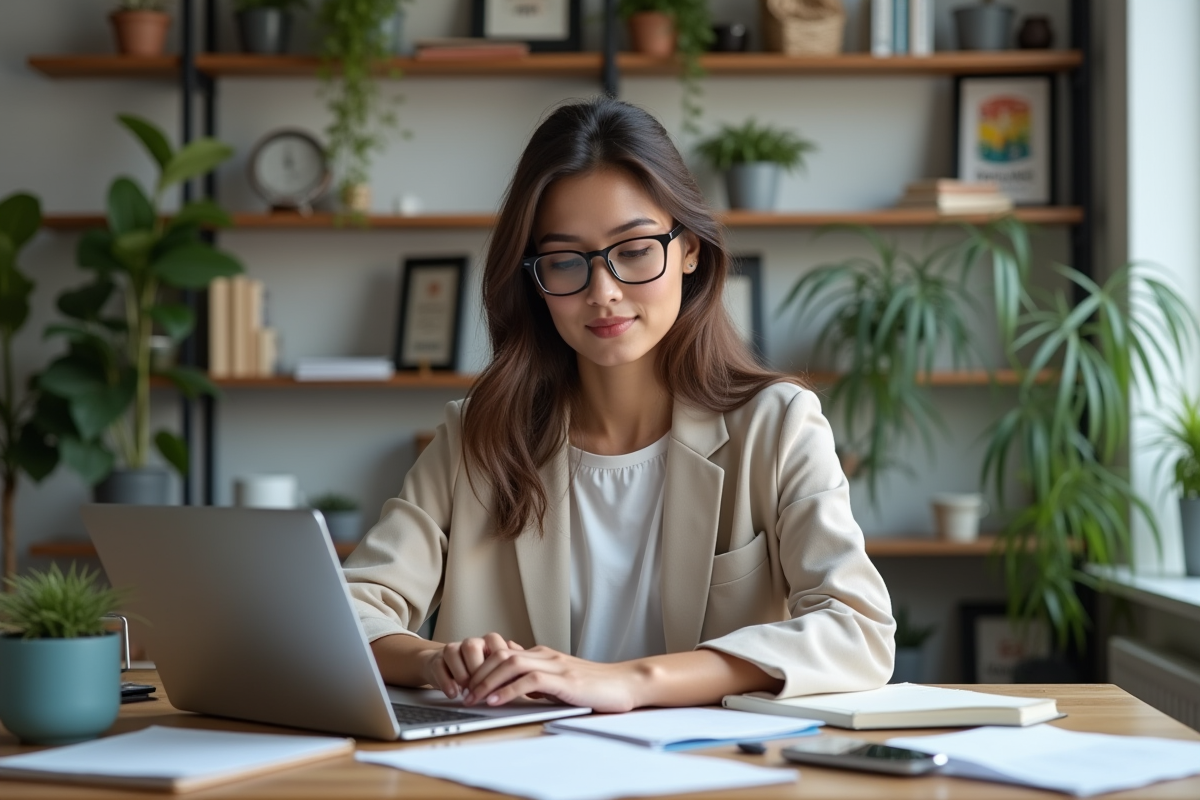 Jeune femme concentrée travaillant sur son ordinateur dans un bureau moderne