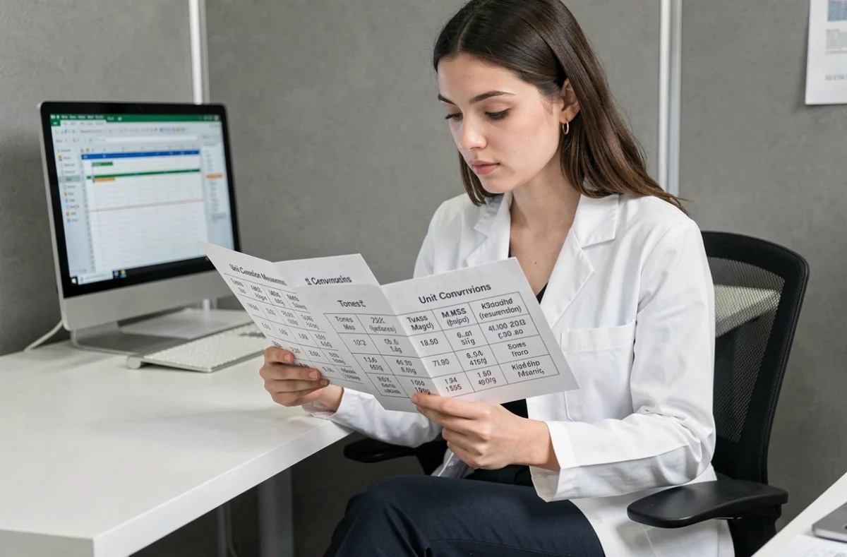 Femme scientifique comparant des tableaux de conversion de poids en tonnes et kilogrammes à son bureau
